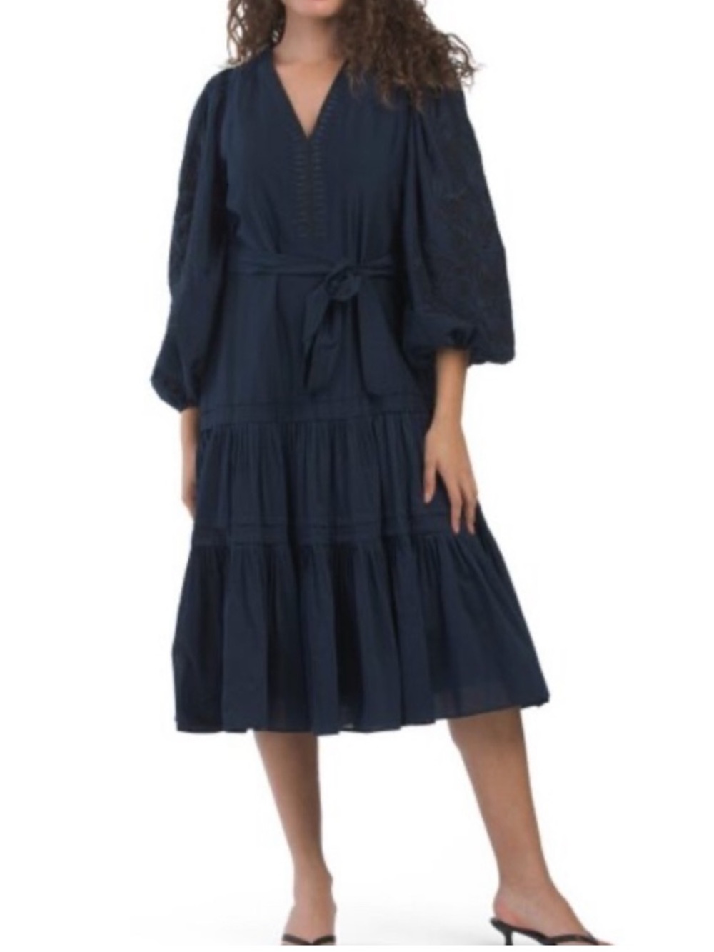 Kobi Halperin Navy Blue Kassie Embroidered Midi Dress Silk Blend M